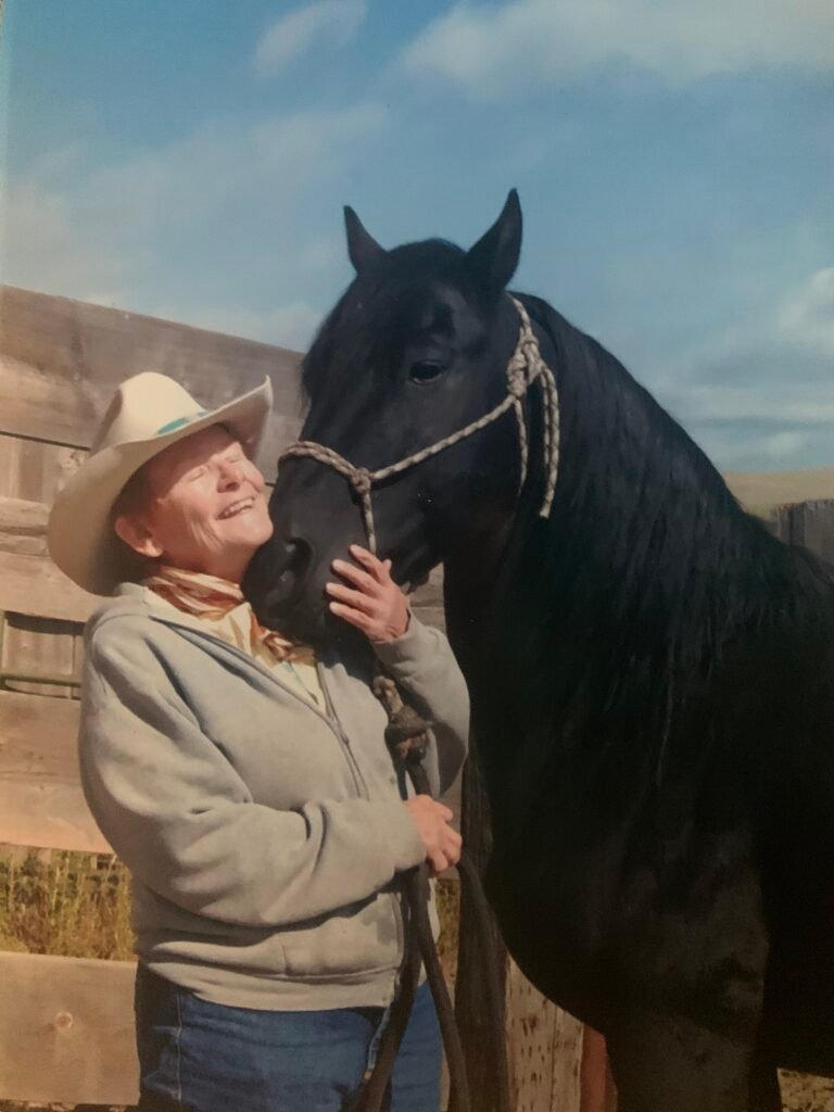 A cowgirl in a cowboy hat and grey hoodie hugs a black Morgan stallion.