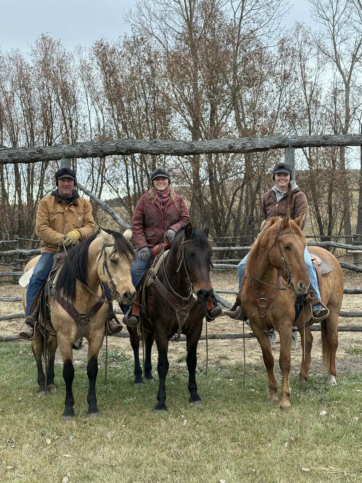 Three riders on Morgan horses in working western saddles and gear, pose for the camera.