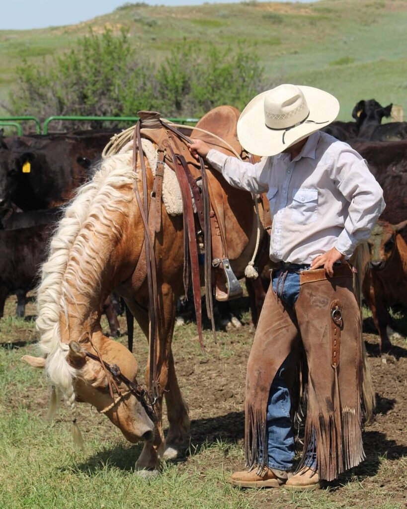 A cowboy standing next to a dunalino Morgan stallion wearing a western saddle and gear in a pen full of cattle in Montana.